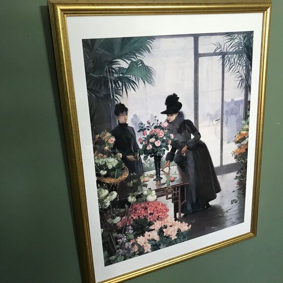Framed Lithograph: Victor Gabriel Gilbert - Young Woman in Flower Shop - 32"x25" - Picture 1 of 5